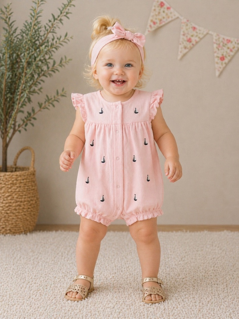 Little Me Pink Sailboat Bubble Romper Baby Girl Summer Outfit | NWT Size 9M